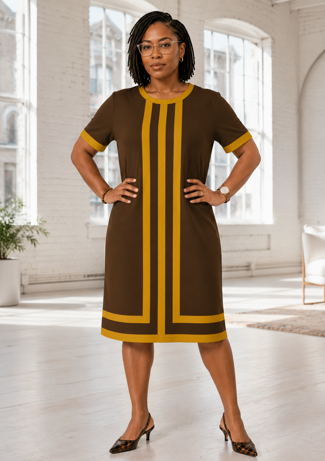 The Linea Dress - Brown & Gold
