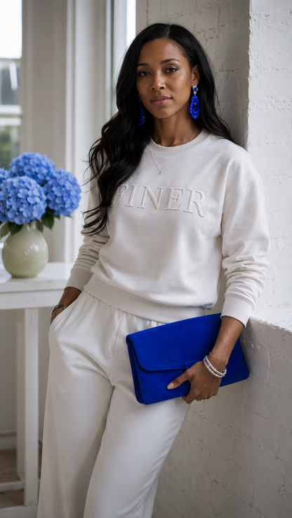 FINER. Blanc en Blanc Premium Embroidered Crewneck