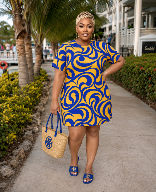 Royal & Gold Summer Wave T-Shirt Dress