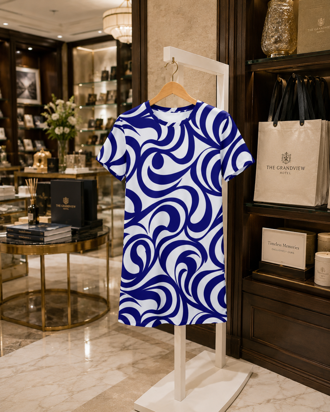 Royal Blue & White Summer Wave T-Shirt Dress