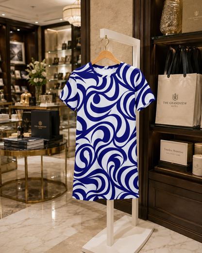 Royal Blue & White Summer Wave T-Shirt Dress